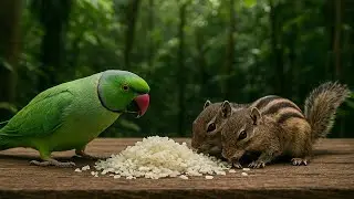 Green Parrot VS Chipmunks eating rice on wooden table in jungle