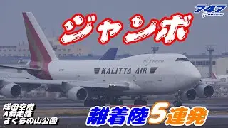 【4K】成田空港 さくらの山公園 Ａランに離着陸するジャンボ（Jumbo）５連