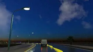 Demo: Geometry Node to generate traffic flow with road/pavement line with light post/palm trees