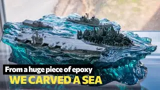 From a huge piece of epoxy resin, we carved a beautiful sea with GODZILLA and US Navy ships
