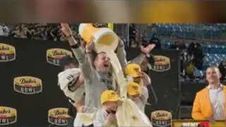 Mayo bath for Wake Forest Head Coach Jake Dickert and his children after win over Mississippi State.