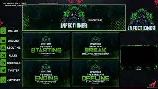 Green and dark full animated twitch overlay package.