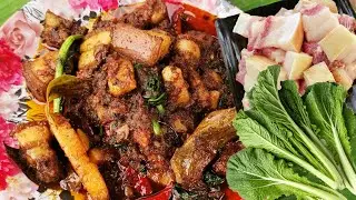 Pork Fry with Mustard greens | Cooking Pork fat curry with Mustard Greens | Pork curry recipe