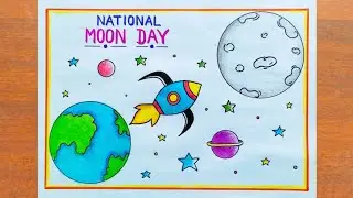 National Moon Day Drawing / Chandra Dinam Poster Drawing 2025 / Moon Day Poster Drawing Easy Steps