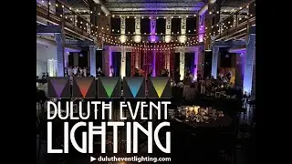 Clyde Iron Works wedding lighting in champagne and purple by Duluth Event Lighting