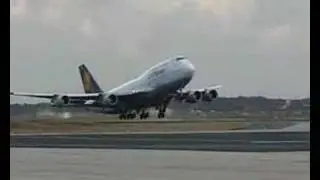 Take-off of Boeing B747-430 D-ABVW Wolfsburg in Frankfurt