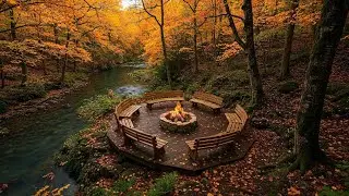 Embrace Autumn Peace 🍂 | Cozy Riverside Forest Porch with Fire Crackle & Gentle birdsong