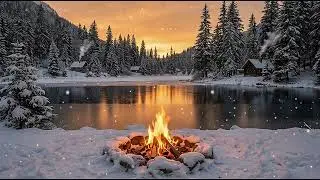 Winter Campfire by the Lake | Cozy 4K Fireplace & Snowfall Ambience