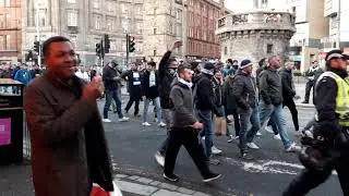 Lazio fans passing Vald'oro at Glasgow Cross enroute to Celtic park.