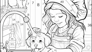 Color by Number Girl and her puppy  Ducklings in Sink Zen Color app #coloringbook