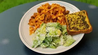Farfalle Pasta with Italian Sausage & Garlic Vodka Sauce, Caesar Salad, and Garlic Texas Toast 🍝🥗🧄 