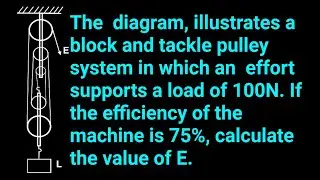 block and tackle pulley system support load of 100N. If efficiency is 75%, calculate the value of E.