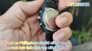 Đồng Hồ Mỹ TimeX sx Philippines size38 niềng xoay đ&egrave;n xanh b&aacute;o thức lịch vạn ni&ecirc;n đẹp keng - 580k