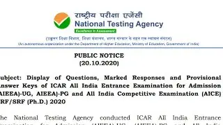 Public Notice: Display of Questions, and Provisional Answer Keys of #ICAR for Admission (#AIEEA)-UG