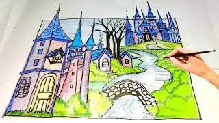 🏰 Beautiful Castle Scenery Drawing | Easy Step-by-Step Landscape Art with Pencil Colors