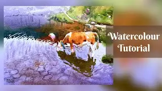 Easy Watercolor Tutorial: Cow in Mountain Pasture & Reflective Pond I Raju More I