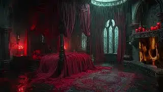 Mystical Rainstorm and Thunder Rolling Over Gothic Castle Towers with Fireplace Ambience at Night