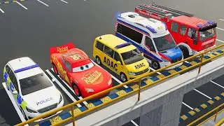 DACIA, MCQUEEN CAR, POLICE CARS, MERCEDES AMBULANCE EMERGENCY TRANSPORTING WITH TRUCKS ! FS22 #13