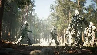 Stalkers in military clothing and a gas mask escape from the pandemic in an empty sunny forest. The
