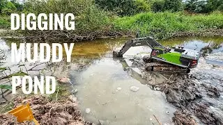 RC Excavator Digging Muddy Pond with ASMR | RC Truck Lab