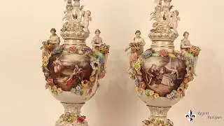 Stunning Pair Dresden Style Hand Painted Porcelain Vases
