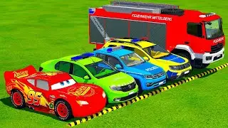 TRANSPORTING PIXAR CARS & FRUITS WITH COLORED & JOHN DEERE vs CLAAS vs TRACTORS - BeamNG.drive #983
