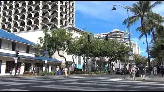 Walking on busy Lewers Street Waikiki
