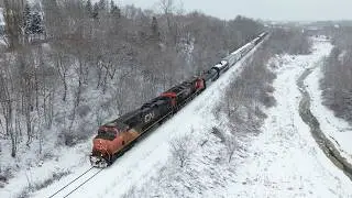 Nice Aerial 4K View! Freight Train CN 507 Rolling into Moncton, NB in the Light Snow