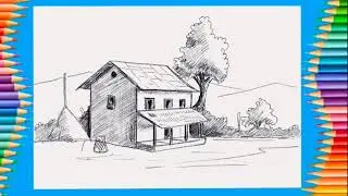 How to sketch draw Nepali village  House | Scenery Drawing