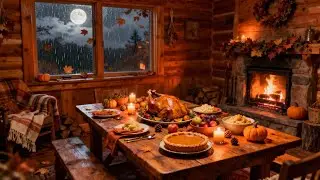 Cozy Thanksgiving Dinner 🦃 Fireplace & Rain Sounds | Relaxing Autumn Cabin Ambience (No Ads, 4k)