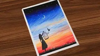 A girl free Bird from cage / easy oil pastel drawing for beginners / step by step oil pastel drawing