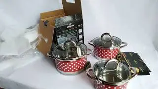 Набор из 3х кастрюль с рисунком в горошек Bohmann BH 0127-6 распаковка и видеообзор, красный, белый