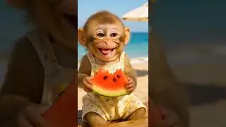 Baby Monkey&rsquo;s First Watermelon Bite 🍉😂