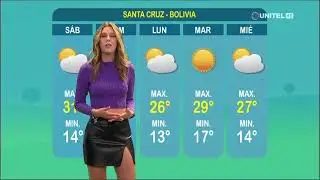 Weather Girl in a Black Leather Mini Slit Skirt