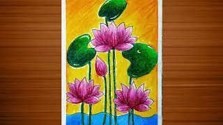 How to Draw & Color Lotus Flower Step by Step || drawing for beginners || saraswati puja drawing 