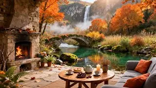 Cozy Autumn Jazz 🍁 Fireplace & Waterfall Ambience | Relaxing Piano Jazz for Stress Relief & Calm