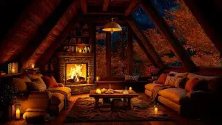Autumn Night in Cozy Hut Ambience 🍂 Jazz Relaxing Music with Rain & Fireplace Sounds to Study, Sleep