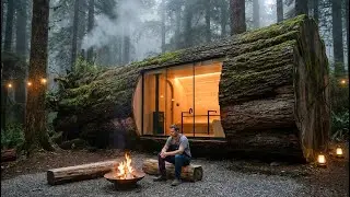 Building a Mini Cabin Inside a Giant Log (ASMR) | Alone in the Misty Forest..