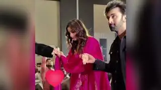 pregnant Aliabutt # with her husband # Ranbir Kapoor # on the set for the film promotion