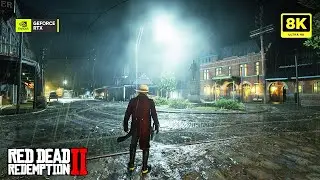 [4K] Arthur Morgan Relaxing Midnight Walking in Thunderstorm - Red Dead Redemption 2