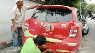Pengecatan full body mobil nisan March sebelum lebaran