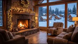 Warm Fireplace in a Christmas Mountain Cabin | Snowy Night Relaxation