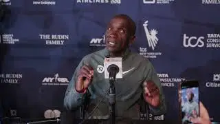 Eliud Kipchoge speaks to the media before the 2025 #TCSNYCMarathon