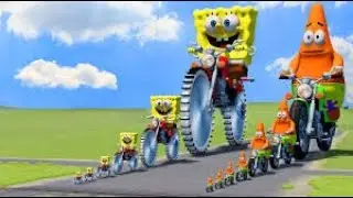 Big & Small: SpongeBob on a motorcycle with Saw wheels vs Patrick on a motorcycle vs Trains | BeamNG