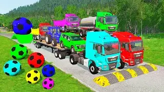 Flatbed Trailer McQueen Transportation with Truck - Speedbumps vs Cars vs Train - BeamNG.Drive #39