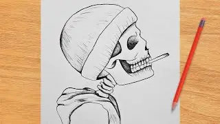 Easy Drawing of Skull with a hat and a cigarette
