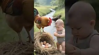 🐓 Baby and Rooster Guarding Eggs | Cute Baby with Hen Eggs Nest #chicks #shorts #trending #love