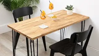 Oak Solid Wood Table with Black Hairpin Legs