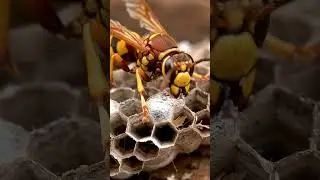 A paper wasp building a nest