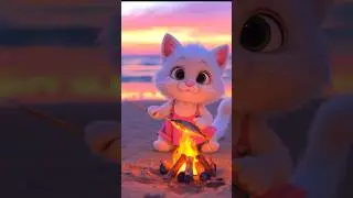 Title: Cute Cartoon Kitten Roasting Fish by the Campfire at Sunset #kitten #cute #baby #cat